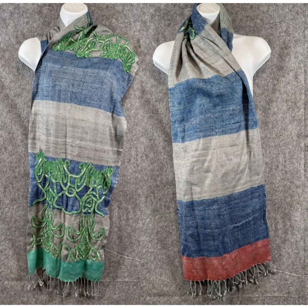 Noonday Collection Silk Scarf Handwoven Beaded Boho Blue Grey Artisan Festival